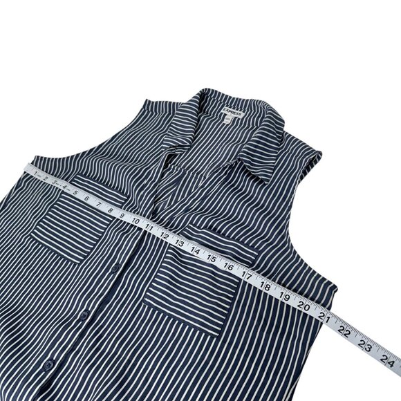 Express Sleeveless Striped Blouse Womens L Dusty Blue/White Button-Down - Picture 4 of 8